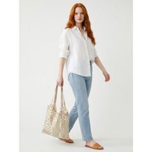 Free People Linen Tote Bag Boho Floral and Stars Slouchy Oversized 19x19